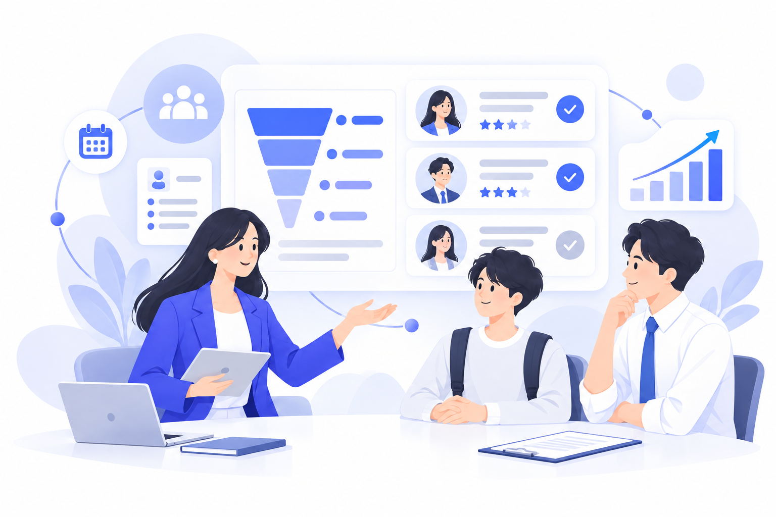 採用計画と学生とのマッチングを検討するコンサルタントのイラスト